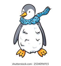 Cute penguin wearing blue scarf colorful illustration isolated on square white background. Simple flat outlined cartoon art styled drawing.