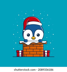 Cute Penguin wearing christmas hat out of the chimney