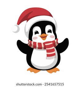 A cute penguin wearing a Christmas hat and a striped red scarf, isolated on a white background