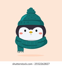 cute penguin wearing christmas hat and scarf, cute christmas icon in animal shape, suitable for poster and web icon