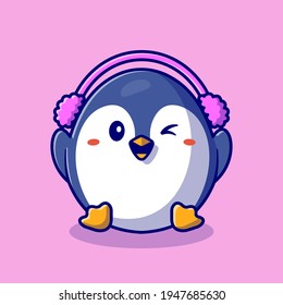 Cute Penguin Wearing Earmuff Cartoon Vector Icon Illustration. Animal Nature Icon Concept Isolated Premium Vector. Flat Cartoon Style