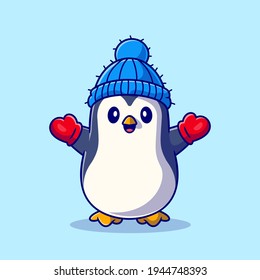 Cute Penguin Wearing Glove and hat Cartoon Vector Icon Illustration. Animal Winter Icon Concept Isolated Premium Vector. Flat Cartoon Style