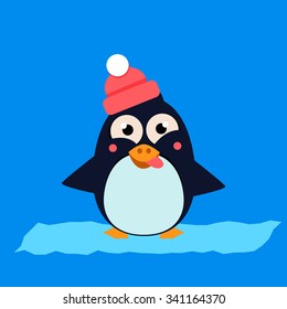 Cute Penguin Wearing Hat Grimacing on Ice. Vector Illustartion
