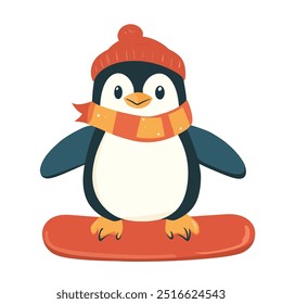 Um pinguim bonito vestindo um chapéu e um cachecol, snowboard em um snowboard laranja brilhante.