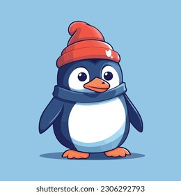 Pingüino lindo con sombrero, ilustración vectorial de dibujos animados 