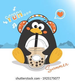 Cute penguin wearing headphones and listening to music sitting on ice floor with bubble​ milk​ tea​ cup​ enjoy summer vector illustration.