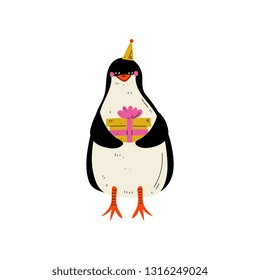 Cute Penguin Wearing Party Hat Standing with Gift Box, Animal Character for Happy Birthday Design Vector Illustration