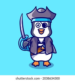 cute penguin wearing pirate halloween costume, suitable for Halloween t-shirt designs or cute pirate animal pictures and also as key chain or stickers