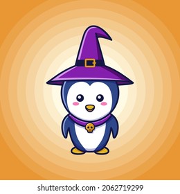 Cute Penguin wearing purple witch hat and bone necklace looks like a witch. A creative character design suitable for Halloween celebration. Halloween for kids.