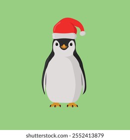 A cute penguin wearing a red Santa hat, standing on a vibrant green background