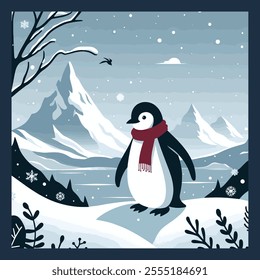 Cute Penguin Wearing Red Scraf in Winter Background