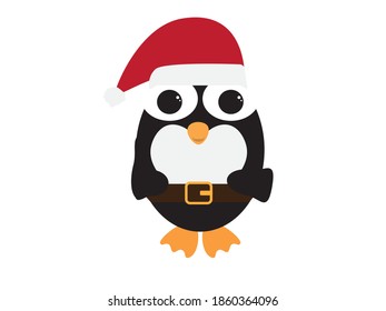 Cute Penguin wearing Red White Santa Christmas hat and Brown belt