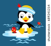 Cute penguin wearing sailor cap fishing on ice chunk, vector cartoon illustration
