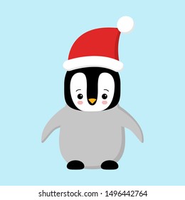 Cute Penguin wearing Santa Claus hat standing on sky blue background flat design vector illustration.