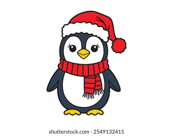 Cute penguin wearing a Santa Claus hat and scarf on white background, Hand Drawn Flat Penguin Christmas, Happy penguin characters celebrate New Year and Merry Christmas illustration