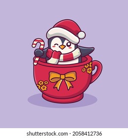 Cute penguin wearing santa hat in cup cute christmas cartoon