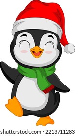 Cute penguin wearing santa hat and scarf