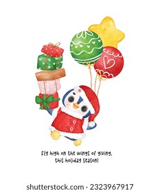 A cute penguin wearing a Santa hat. Watch as it carries a stack of wrapped present gift boxes and holds a bunch of festive balloons. Celebrate the season with whimsical art.
