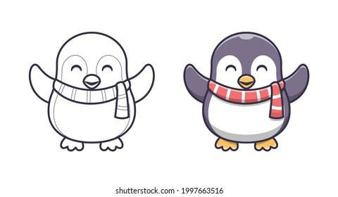 Cute penguin wearing a scarf cartoon coloring pages for kids