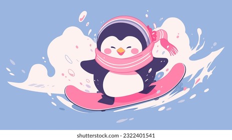 A cute penguin wearing ski gear and sliding on ice