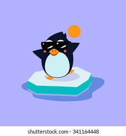 Cute Penguin Wearing Sunglasses on the Iceberg. Vector Illustration