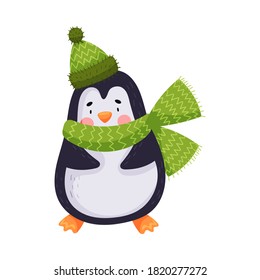 Cute Penguin Wearing Warm Hat and Scarf Vector Illustration