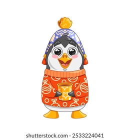 Cute Penguin Wearing Winter Christmas Clothes and Holding a Hot Drink in Festive Attire. Adorable, Cartoon Vector Image