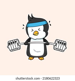 Cute Penguin Weightlifting. Vector Illustration.