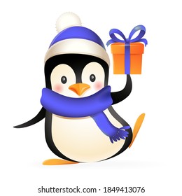 Pinguín lindo con ropa de invierno y regalo - ilustración vectorial aislada en fondo blanco