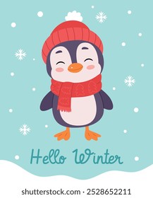 Pinguim bonito com roupas de inverno. Olá inverno card.bonito aves polares vetor