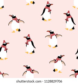 Cute penguin in winter costume seamless pattern. Wildlife animal in Christmas holidays outfit background.