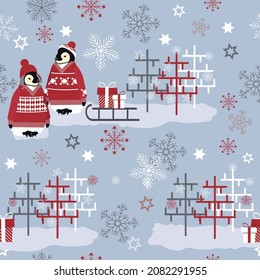 Cute penguin in winter costume seamless pattern. Wildlife animal in Christmas holidays outfit background. For decoration textile, packaging.