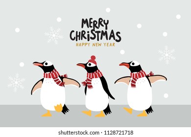 Cute penguin in winter costume vector. Merry Christmas greeting card. Wildlife animal cartoon character.