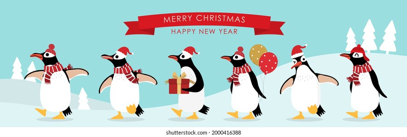 Cute penguin in winter costume vector. Merry Christmas and happy holidays greeting card and banner. Wildlife animal cartoon character. -vector