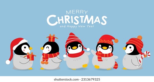 Cute penguin in winter costume vector. Merry Christmas and happy holidays greeting card. Wildlife animal cartoon character. 