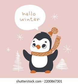 Cute penguin in winter forest. Merry Christmas. Vector print for children room, fabric, paper, greeting card, postcard, card, t shirt, poster, textile. Vector illustration