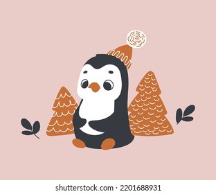 Cute penguin in winter forest. Merry Christmas. Vector print for children room, fabric, paper, greeting card, postcard, card, t shirt, poster, textile. Vector illustration