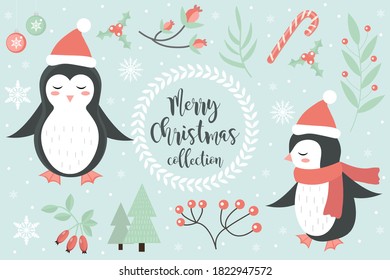 Cute penguin in the winter forest set of objects. Collection of design elements with snowflakes and a Christmas tree. Merry christmas postcard. Vector illustration.