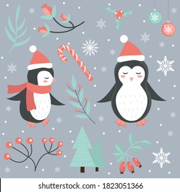 Cute penguin in the winter forest set of objects. Collection of design elements with snowflakes and a Christmas tree. Merry christmas postcard. Vector illustration.