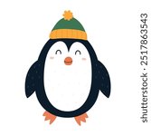 Cute penguin in a winter hat isolated on white background. Funny Christmas character for kids design. Vector illustration