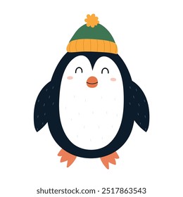 Pinguim bonito em um chapéu de inverno isolado no fundo branco. Personagem de Natal engraçado para design infantil. Ilustração vetorial