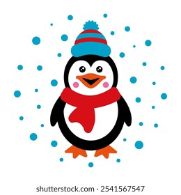 Cute penguin in a winter hat and scarf in flat style. Funny Christmas character for kids design. Round shape isolated vector illustration