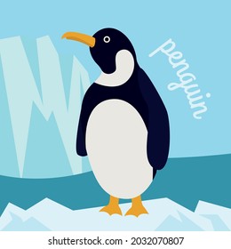 Cute penguin in winter in the ice on the background of the iceberg. Vector illustration.