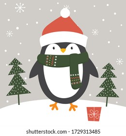 Cute Penguin in winter, Vector illustration