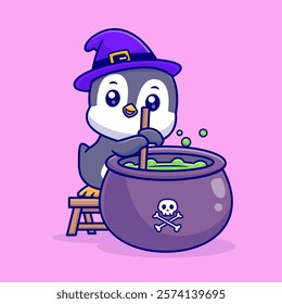 Cute Penguin Witch Cooking With Cauldron Cartoon Vector 
Icon Illustration. Animal Holiday Icon Concept Isolated 
Premium Vector. Flat Cartoon Style