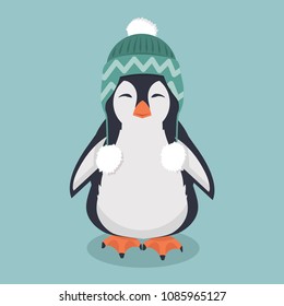 Cute penguin  with wool hat vector