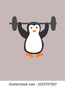 Cute penguin working out at the gym with a large barbell in his hands