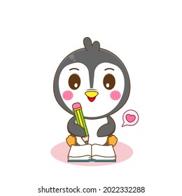 Cute Penguin writing in book Chibi Character Illustration