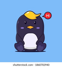 cute penguin with yellow crest says hi. flat penguin mascot design vector for flyer,banner,landing page 