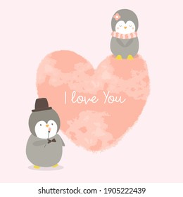 Cute penguine in love sitting on heart shape background. penguine illustration. Valentine's day illustration